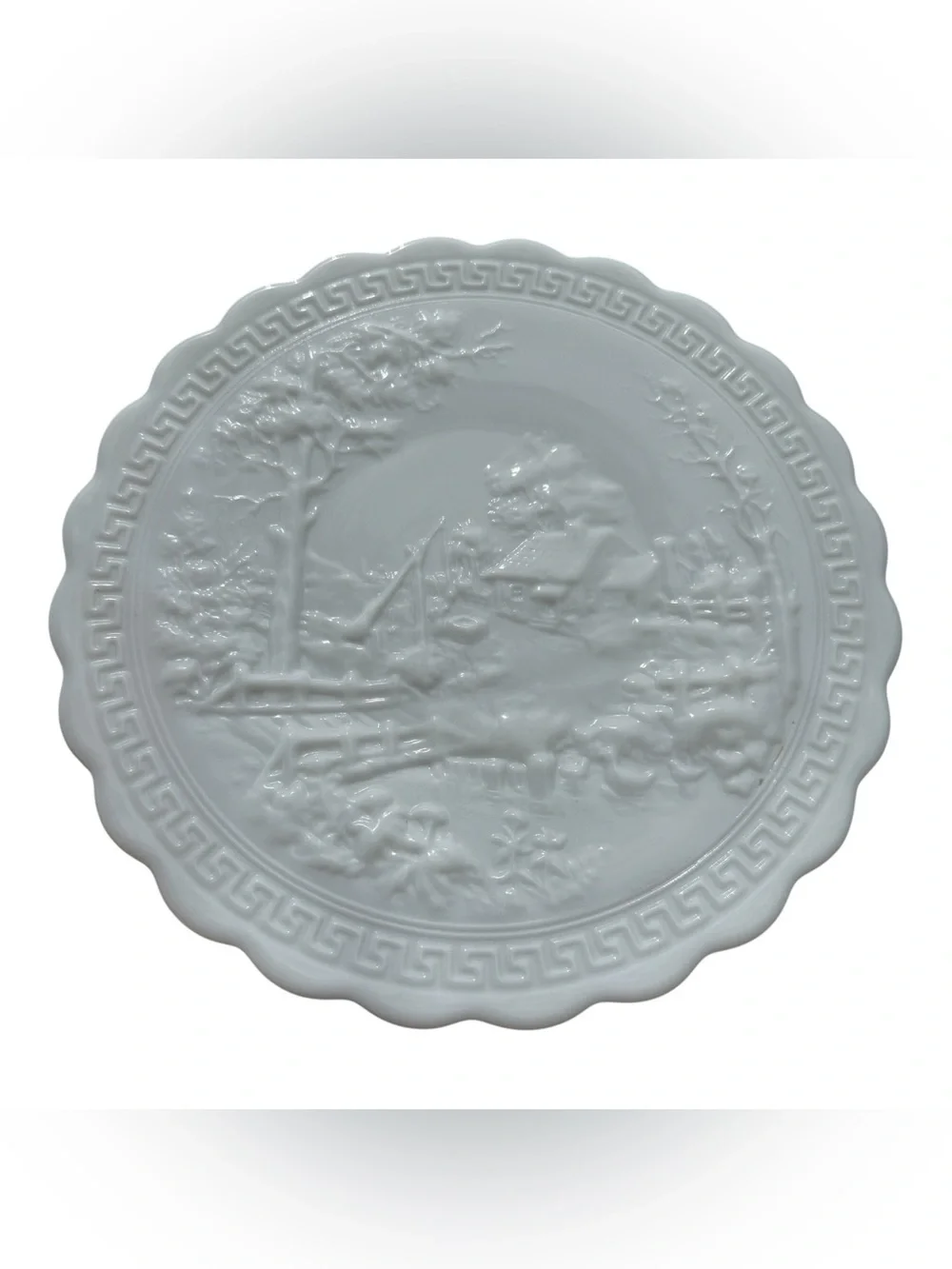 Vintage Milk Glass Scenic Cottage Relief Serving Platter Greek Key Oval Plate